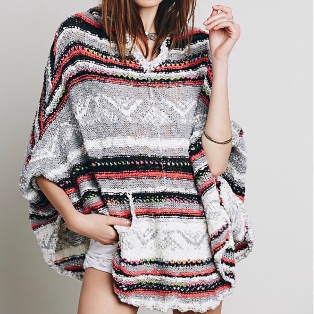 Free People Multicolor Hooded Knit Poncho